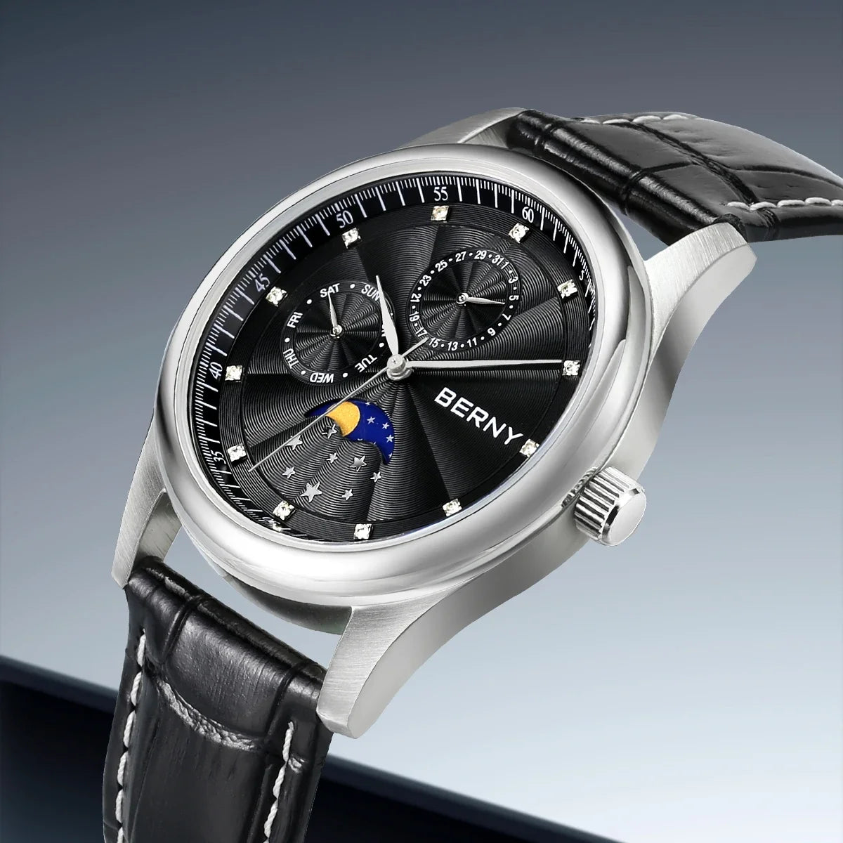 BERNY Men Watch Date Weeks Moon Phase Quartz Watches for Men Stainless Steel Leather Strap Business Wristwatch Male Clock