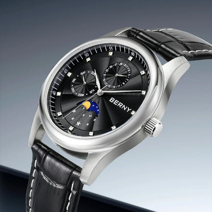 BERNY Men Watch Date Weeks Moon Phase Quartz Watches for Men Stainless Steel Leather Strap Business Wristwatch Male Clock