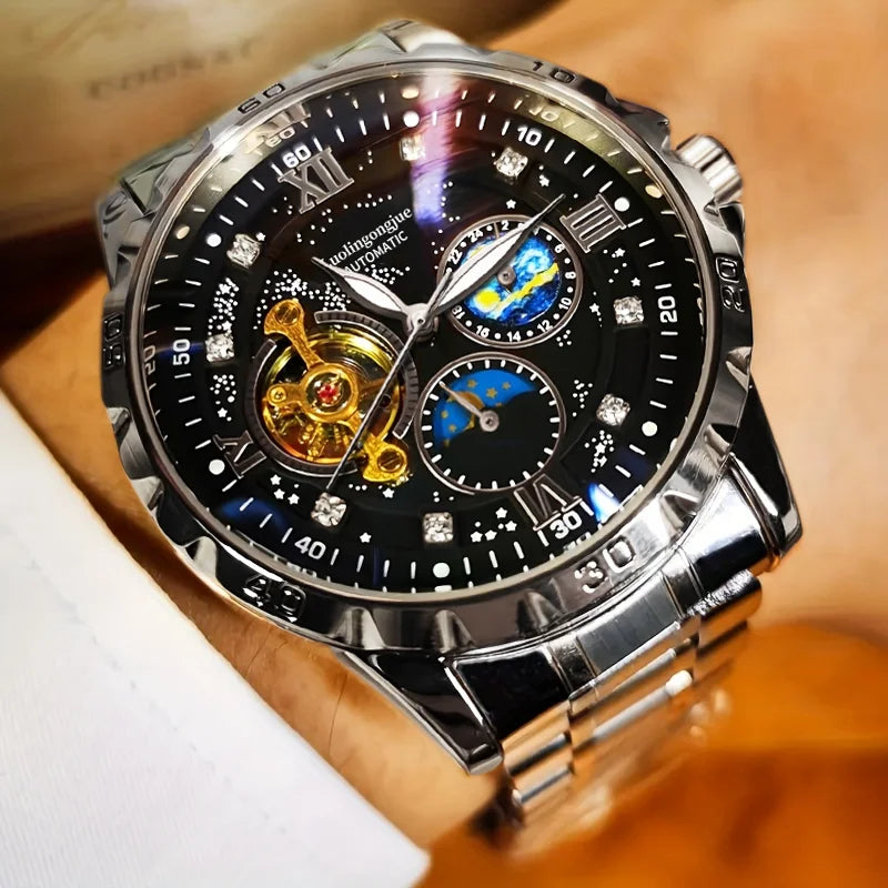New High-End Luxury Automatic Mechanical Men's Watch with Starry Sky Luminous Dial, Elegant Tourbillon Movement, Perfect for Business or Casual Wear, Ideal Christmas or Birthday Gift, Holiday Gift Watch, the Best Gift for Him