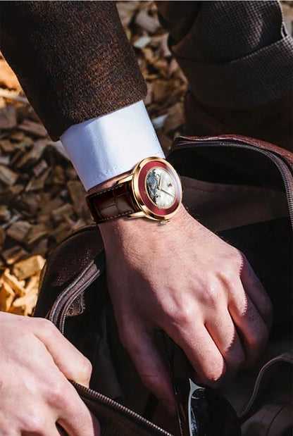 PONIGER Sapphire Crystal Glass Wrist Watch Painting Dial Man Leather Automatic Wristwatch MIYOTA 8219