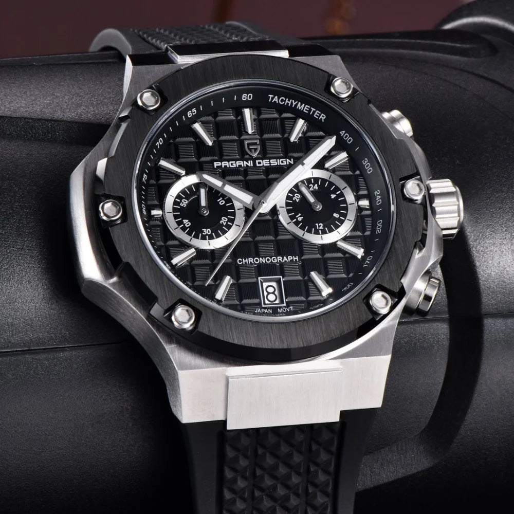 PAGANI DESIGN PD-YS032 Men's Quartz Watch 44mm Japan VK64 Movt Stainless Steel Case Rubber Strap Sapphire Glass 100M Waterproof