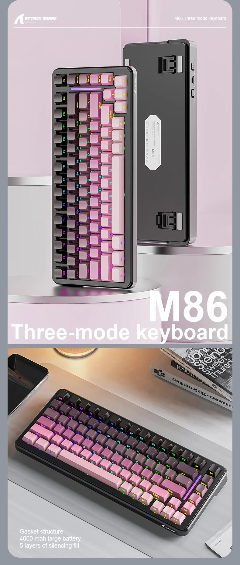ATTACK SHARK M86 Wireless Mechanical Keyboard 75% Tri-Mode RGB Hot-Swappable Mechanical Keyboard with Side-Printed PBT Keycaps & 4000mAh Battery
