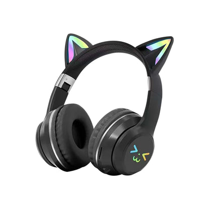 RGB Cat Ear Wireless Bluetooth Headphones for Kids & Girls, LED Light Stereo Gaming Headset with Microphone, Foldable Bluetooth Cat Ear Headphones