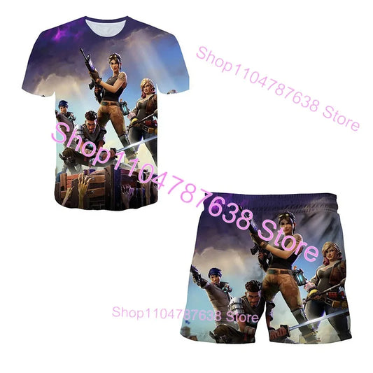 2PCS Suits F-Fortnited Victory 3D T-shirt Shorts Kids Tops Girls Boys Battle Royale Clothes Harajuku Tees Hero Children T Shirt