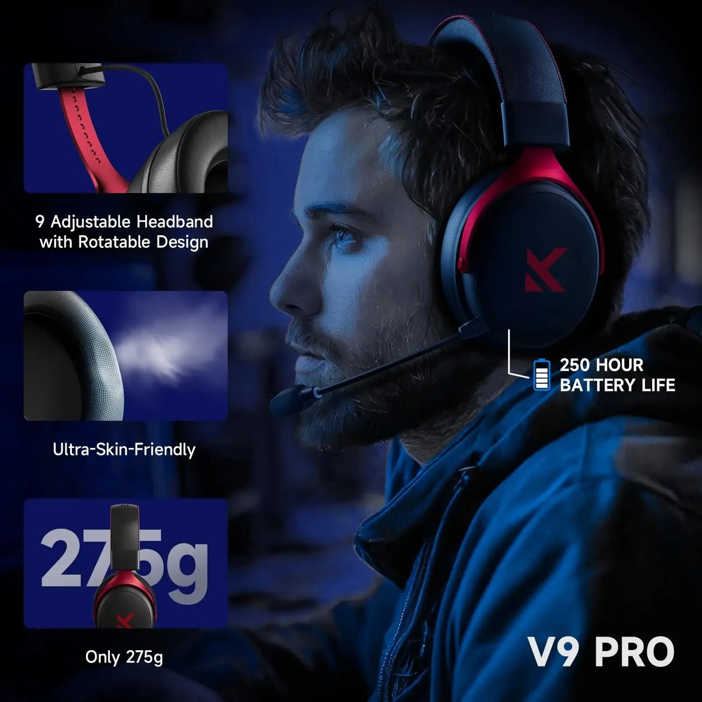 MCHOSE V9 Pro Gaming Wireless Headset7.1 Surround Sound Headphones Noise Canceling Mic Low Latency Lightweight for PS5 PC SWITCH