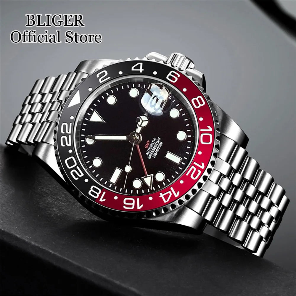 NH34A 200M Waterproof 40mm NH34 GMT Sapphire Luminous Automatic Movement Diving Watch Men Steel Bracelet Black Grey Insert