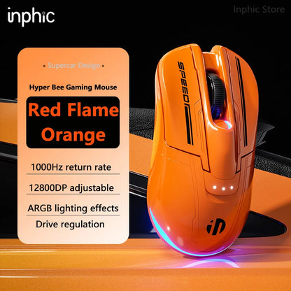 INPHIC Super Racing Car Series Wireless Bluetooth Gaming Mouse, 12800 DPI Rechargeable RGB Gaming Mouse with Battery Display, Customizable Wireless Mouse