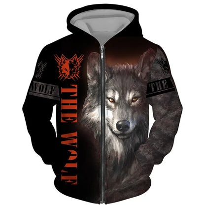 Sweat à capuz com fecho e estampado 3D de lobo, estilo streetwear, para homem/mulher, casaco com capuz unissexo casual hip-hop