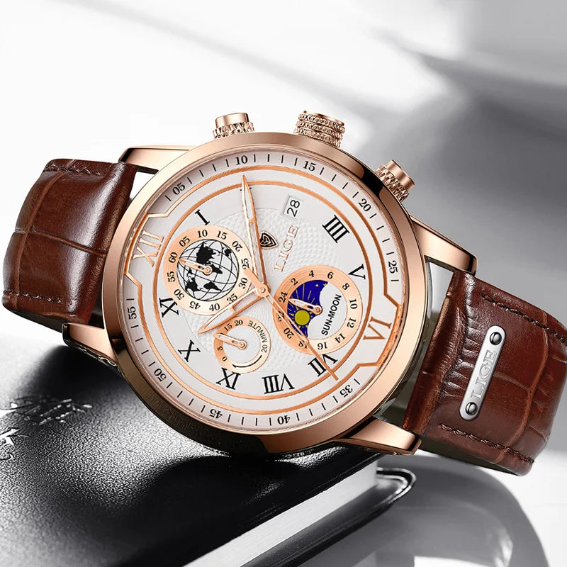 LIGE Luxury Man Wristwatch Waterproof Luminous Chronograph Watch for Men Leather Strap Men's Quartz Watches Reloj Hombre+Box