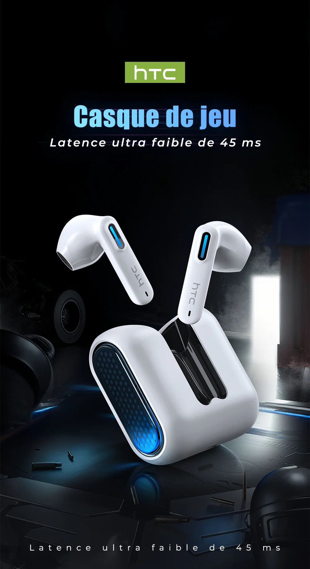 HTC NE49 Bluetooth 6.0 True Wireless Earbuds Gaming Headphones with HiFi Deep Bass, IPX5 Waterproof Bluetooth Earbuds, Low Latency Wireless Earphones