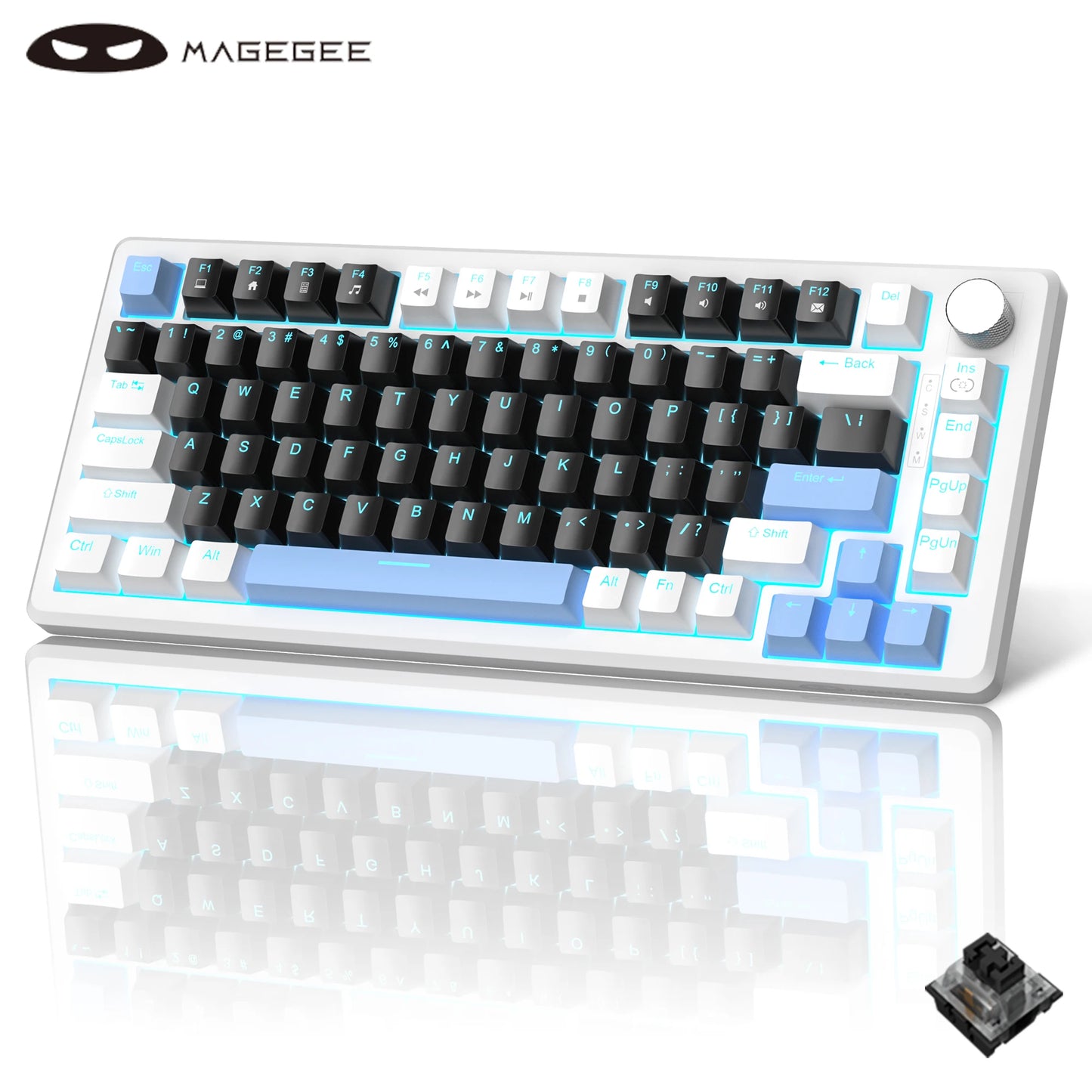 MageGee 75% Mechanical Gaming Keyboard with Knob Control, Compact Blue Backlit Wired Keyboard Black/Brown Switches for PCWindows