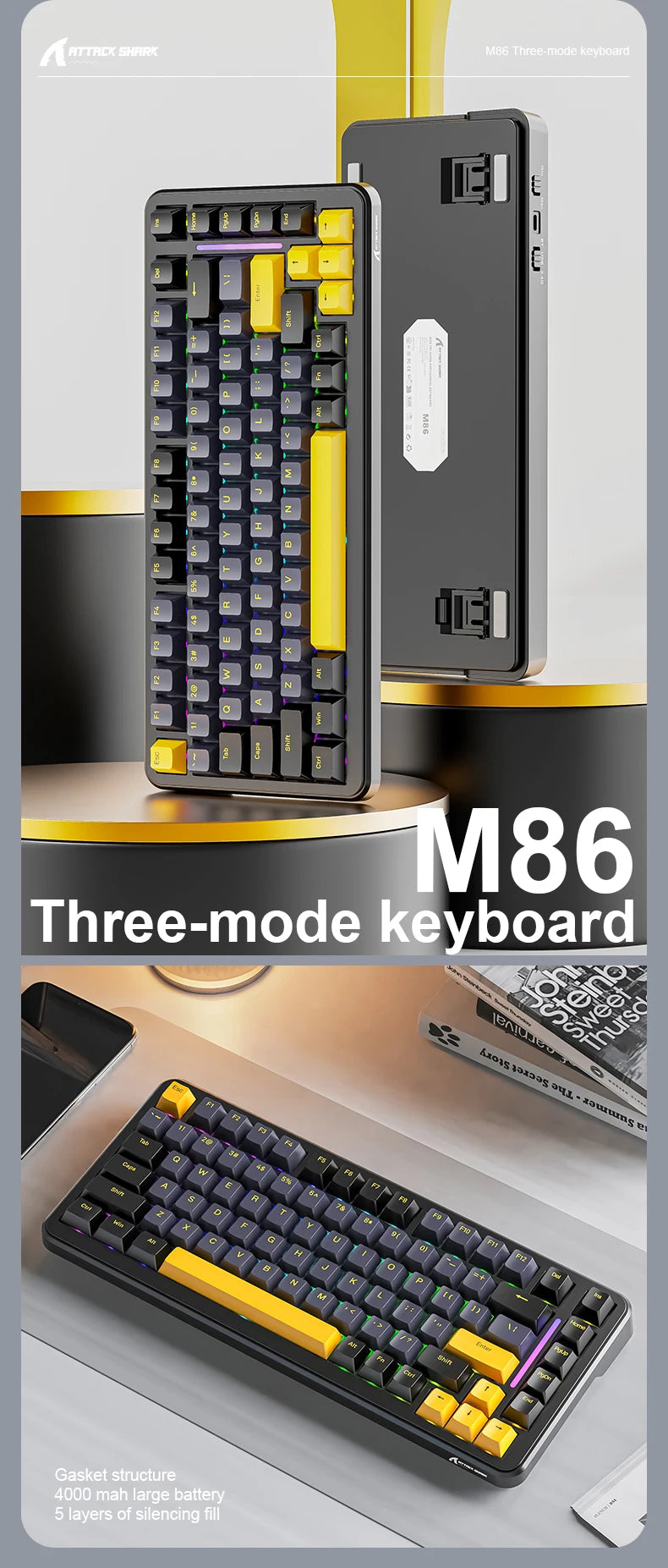 ATTACK SHARK M86 Wireless Mechanical Keyboard 75% Tri-Mode RGB Hot-Swappable Mechanical Keyboard with Side-Printed PBT Keycaps & 4000mAh Battery