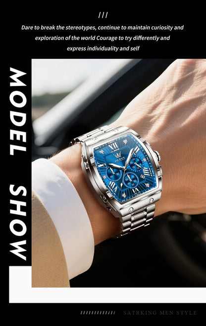 OLEVS New Design Tonneau Watch Men Luminous Waterproof Date Stainless Steel Chronograph Quartz Watches for Men Relogio Masculino