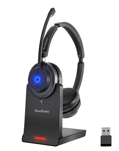 Rownfusny Wireless Headset with Mic for Work Bluetooth Over Ear Headphones USB Dongle for Computer/Remote Work/Call Center