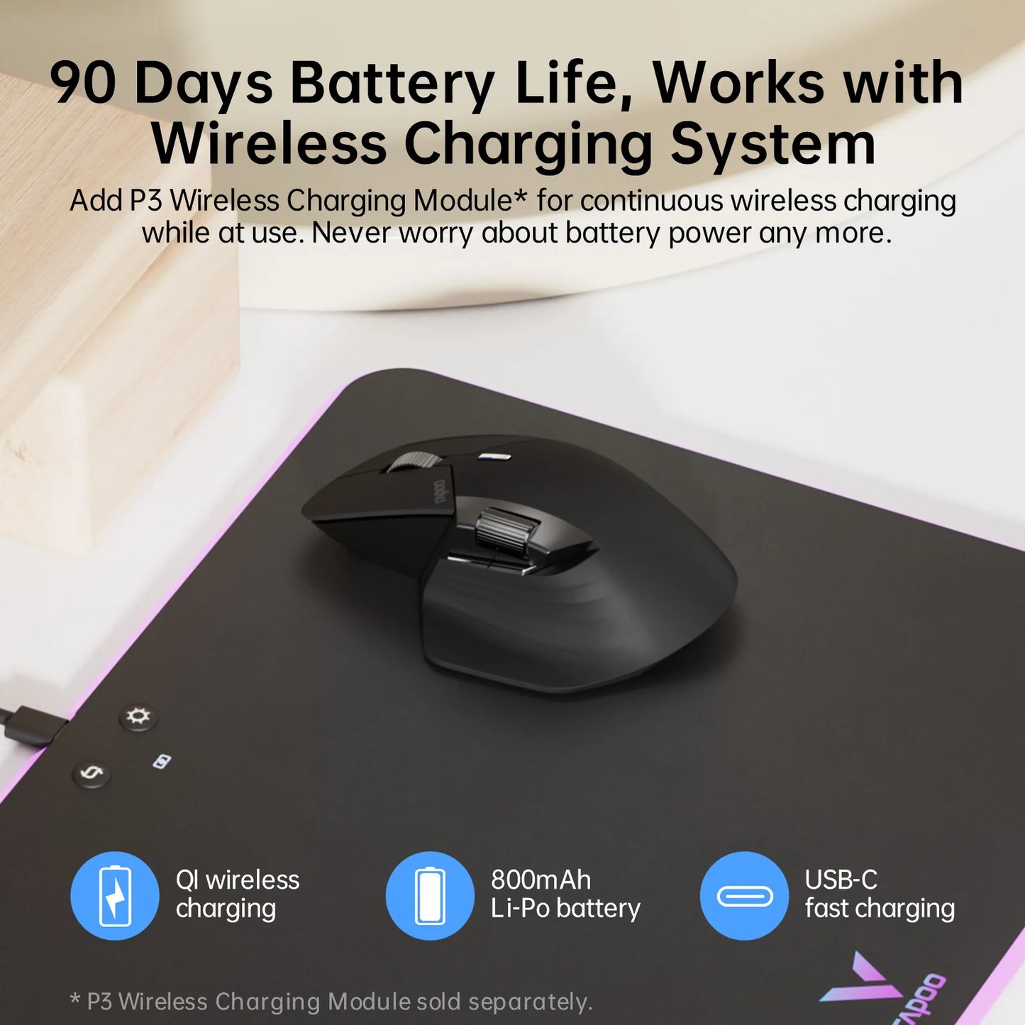 Rapoo MT760 Multi-Mode Rechargeable Wireless Mouse, Ergonomic Bluetooth Mouse with 4000 DPI, Easy-Switch for Up to 4 Devices, USB-C Rechargeable