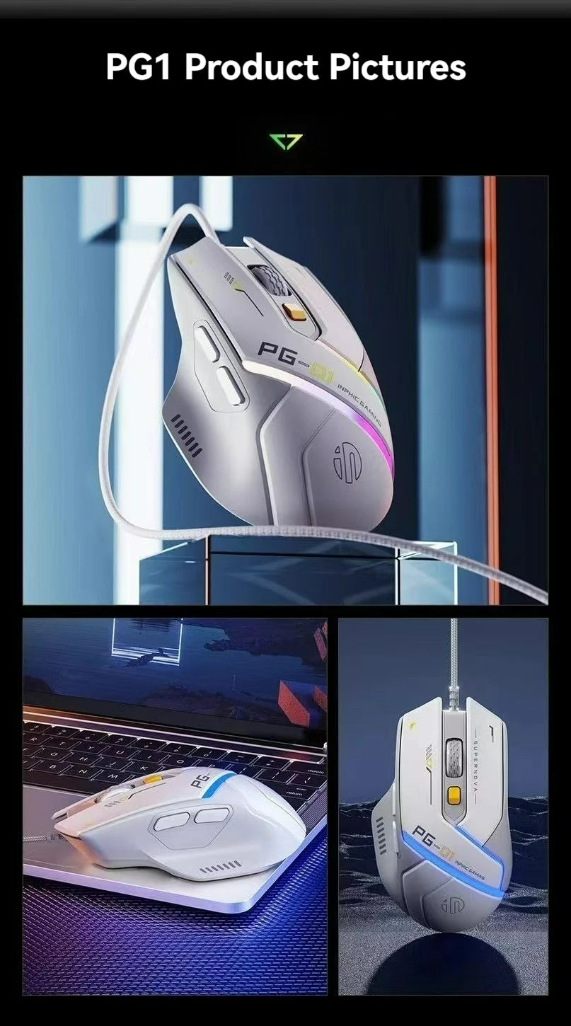Inphic PG1 Wired Gaming Mouse RGB 12800 DPI Programmable Gaming Mouse with 6 Macro Buttons, 1000Hz Polling Rate USB Computer Mouse