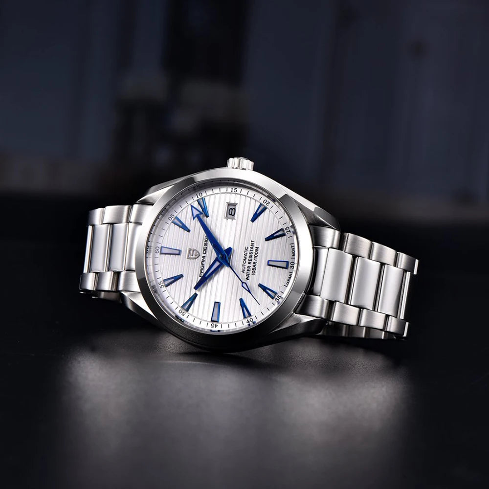 Relógio de luxo para homem PAGANI DESIGN – Modelo automático mecânico (calibre 8215), em aço inoxidável, estanque, com indicador de data e ponteiros luminescentes