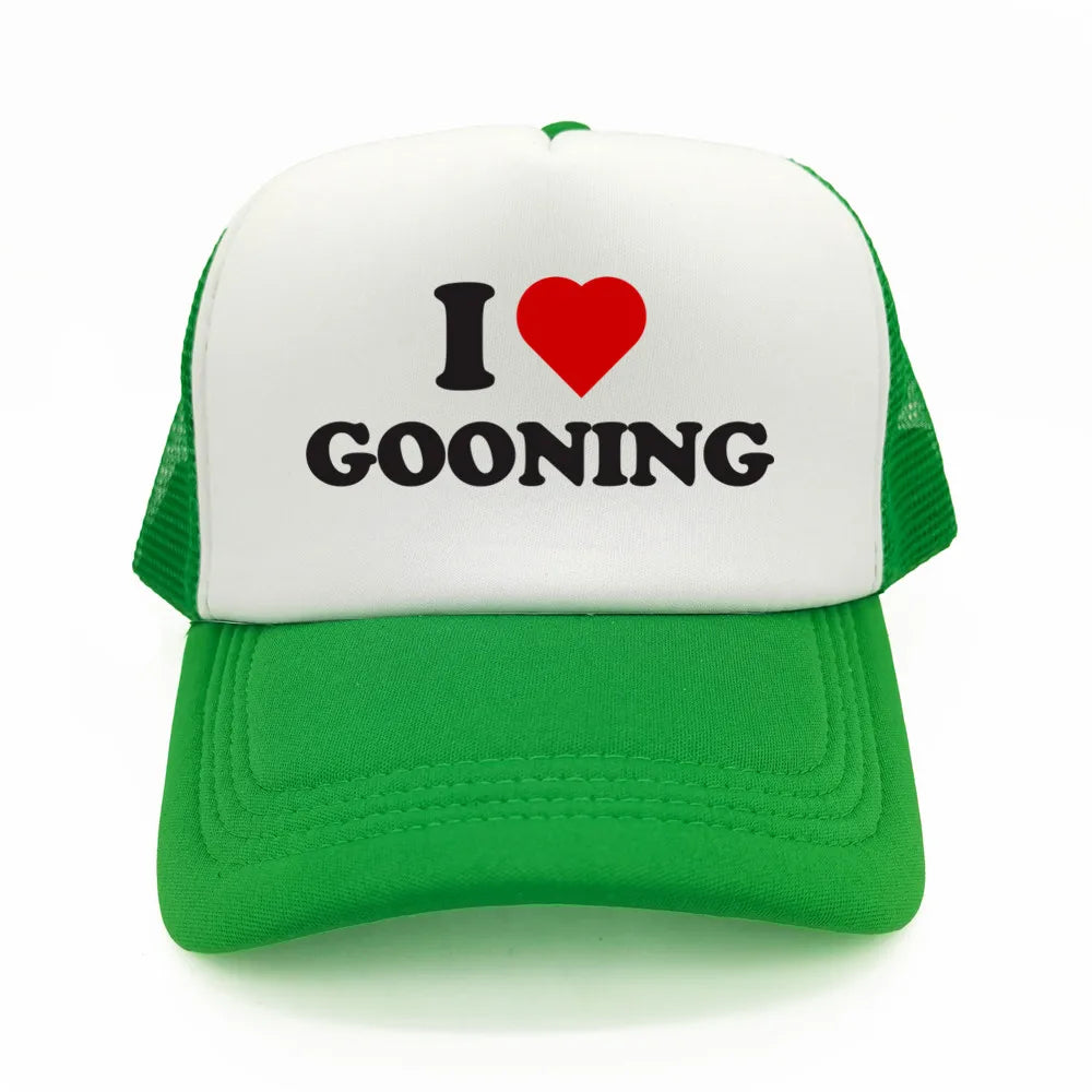 Sjove „I Love Gooning“-baseballkasketter – Cool sommerhat til mænd i netstof – Humoristisk truckerkasket – Unisex udendørs kasketter i netstof – MZ-080