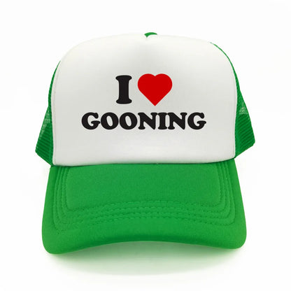 Sjove „I Love Gooning“-baseballkasketter – Cool sommerhat til mænd i netstof – Humoristisk truckerkasket – Unisex udendørs kasketter i netstof – MZ-080