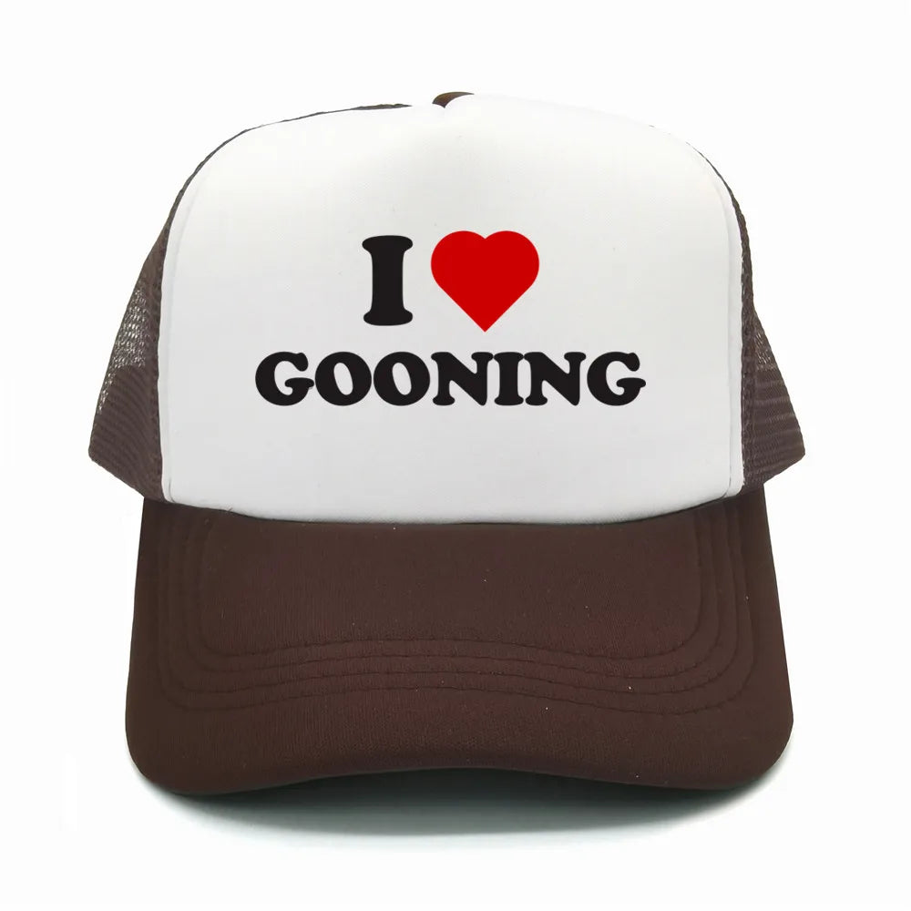 Sjove „I Love Gooning“-baseballkasketter – Cool sommerhat til mænd i netstof – Humoristisk truckerkasket – Unisex udendørs kasketter i netstof – MZ-080