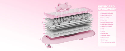 YUNZII C68 Pink 65% Hi-Fi Cute Cat Silicone Hot Swap NKRO  Ergonomic Wireless BT5.0/2.4G/Wired RGB Mechanical Gaming Keyboard