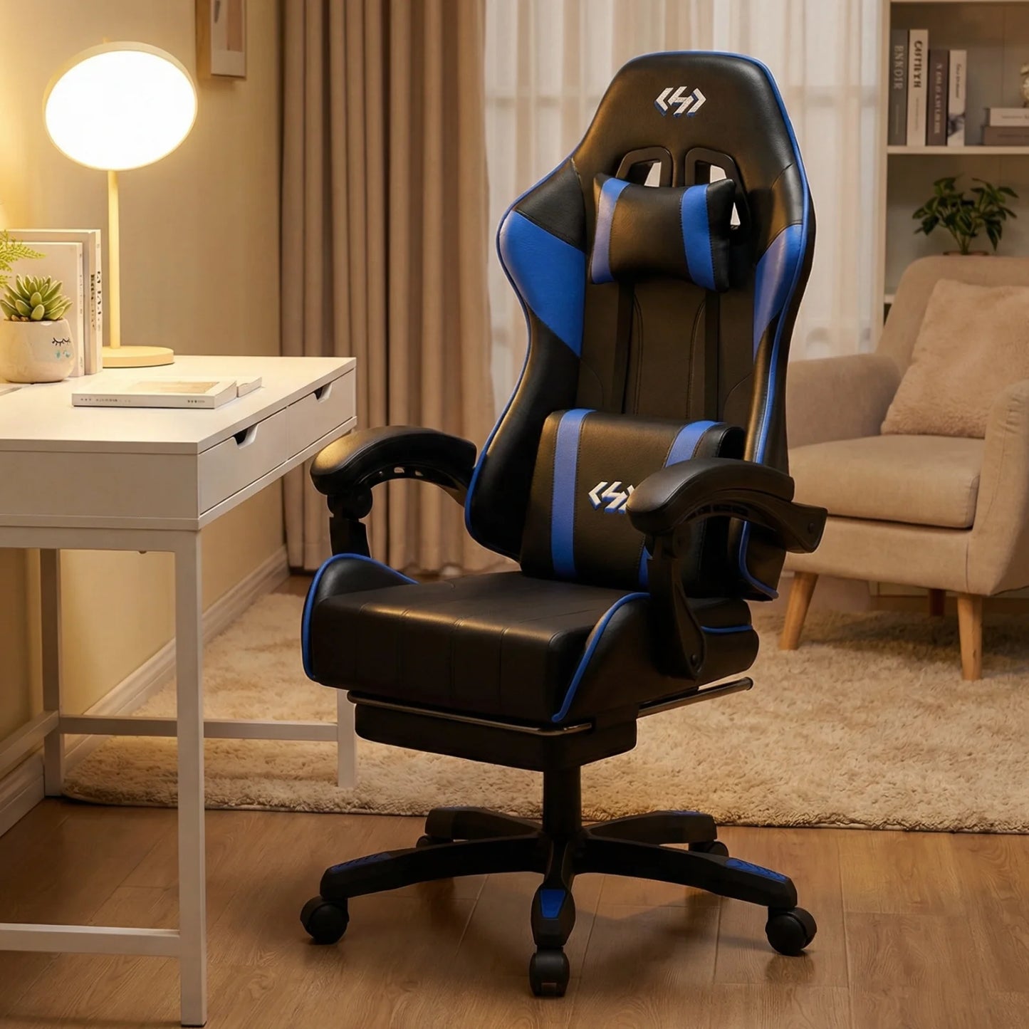 Ergonomic Gaming Chair with Footrest and Headrest, Adjustable Computer Office Chair with Reclining Backrest, Comfortable Desk Chair for Adults