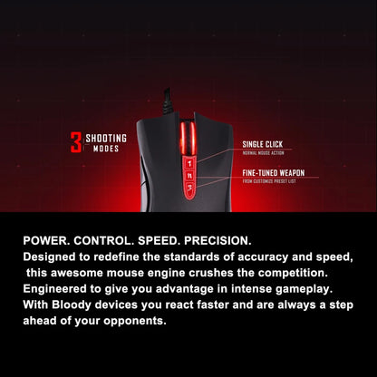 A4TECH Bloody A91 gamingmus, 4000 DPI, drag click, 1000HZ, 6666FPS, 8 knappar, Metal X' Glide Armor Boot, över 20 miljoner klick