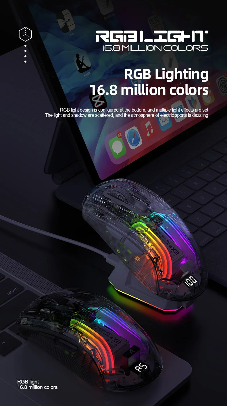 Attack Shark X2PRO Bluetooth Mouse Tri-Mode Wireless RGB Gaming Mouse with Magnetic Charging Dock, Transparent Design, Battery Indicator for PC, Laptop & Mobile