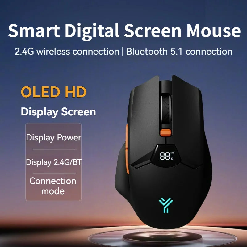 Wireless Bluetooth Mouse with Smart Screen Display, Dual Mode Bluetooth 5.1 & 2.4G Rechargeable Silent Mouse, 6400 DPI Ergonomic Office Mouse for Laptop, Tablet & Notebook
