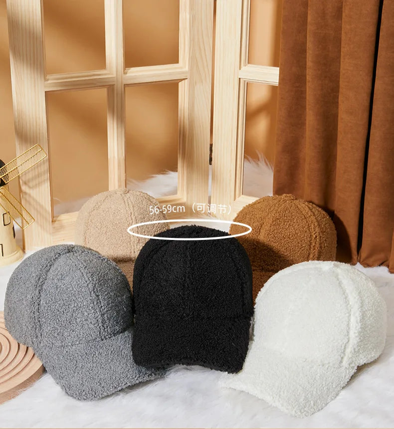 Winter Solid Color M-Label Lamb Wool Baseball Cap for Women, Outdoor Warm Casual Fashion Versatile Plush Duckbill Cap