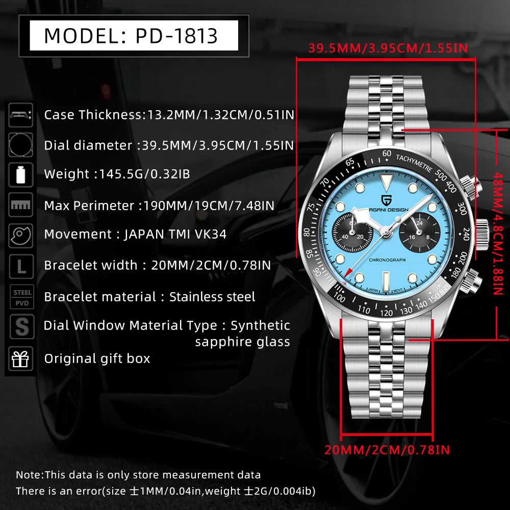 PAGANI DESIGN Trend Luxury Men Quartz Watch Elegant Business Stainless Steel Sapphire Tachometer Luminous 100m Dive Chronograph