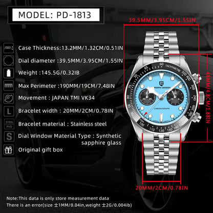 PAGANI DESIGN Trend Luxury Men Quartz Watch Elegant Business Stainless Steel Sapphire Tachometer Luminous 100m Dive Chronograph