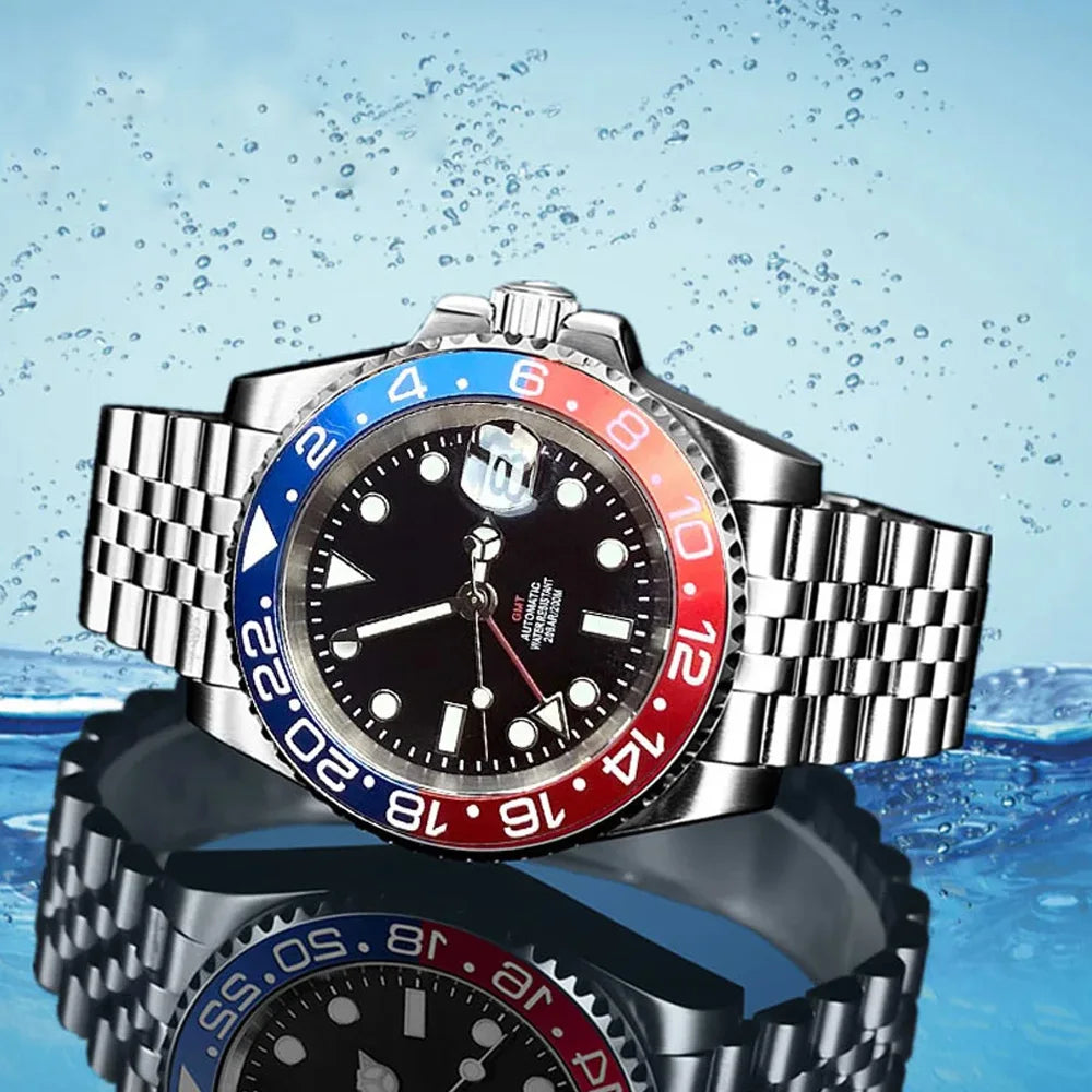 NH34A 200M Waterproof 40mm NH34 GMT Sapphire Luminous Automatic Movement Diving Watch Men Steel Bracelet Black Grey Insert
