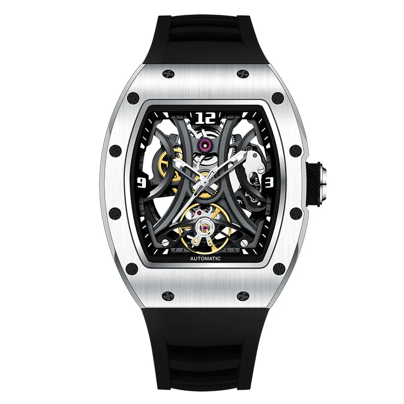 Luxury Automatic Watch Men Sports Barrel Skeleton Design Mechanical Movement Silicone Strap 5 ATM Waterproof Watches