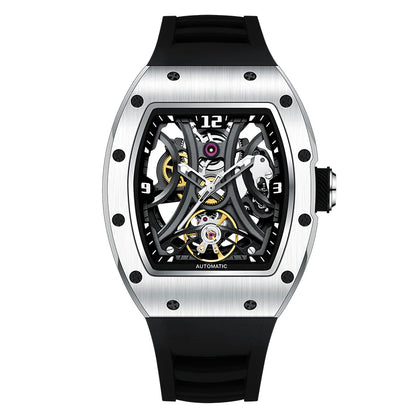Luxury Automatic Watch Men Sports Barrel Skeleton Design Mechanical Movement Silicone Strap 5 ATM Waterproof Watches