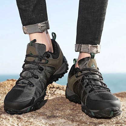 HIKEUP Four-Season Men's Hiking Shoes Outdoor Sports Genuine Leather Wear-Resistant Climbing Shoes Rubber Sole Trekking Sneaker