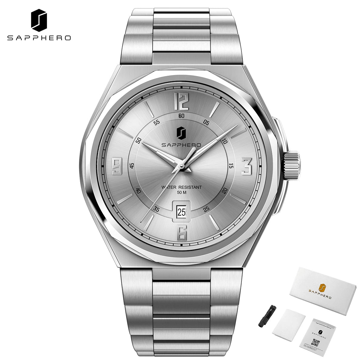 SAPPHERO Luxury Men's Watches Date Display Stainless Steel Watch Strap Men's Gifts Travel Essentials Waterproof Wristwatch