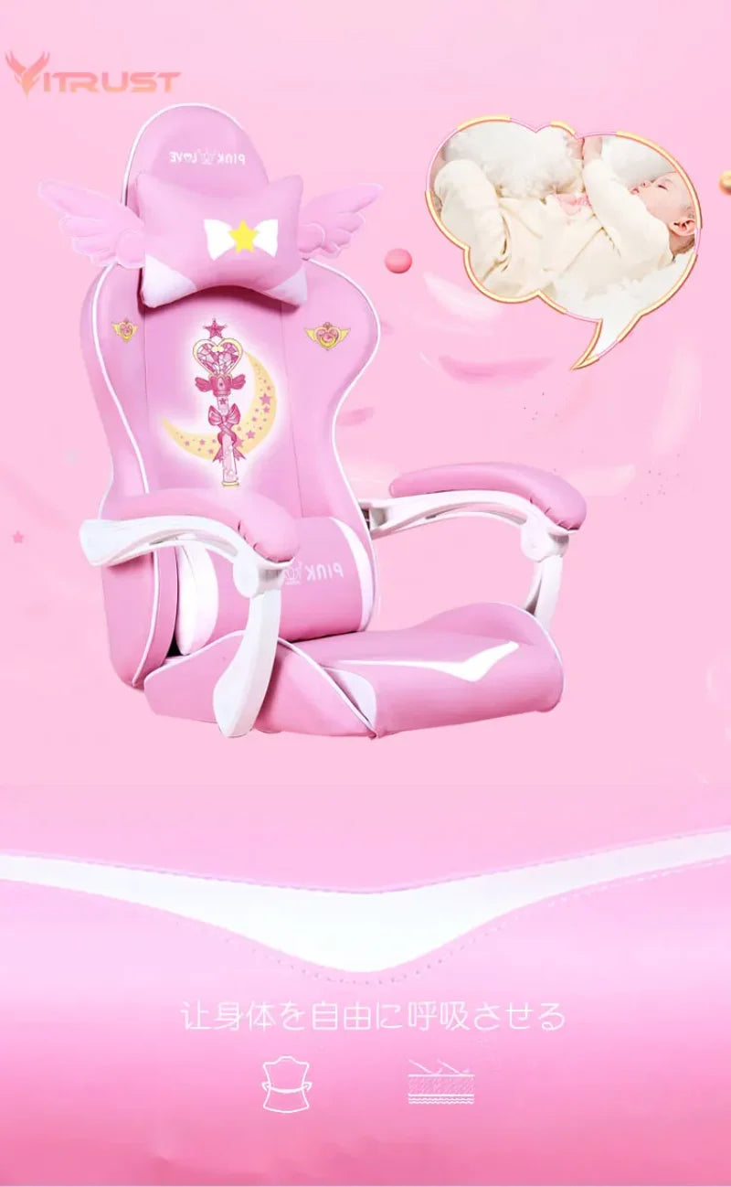 Pink Gaming Chair for Girls, Cute Comfortable Gaming Chair with Armrests, Swivel Height Adjustable Gamer Chair for Bedroom, Office & Streaming