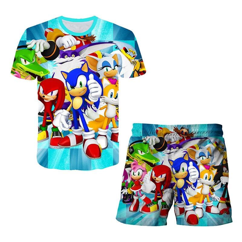 2026 Sonic The Hedgehog 3D T-shirt Set for Boys and Girls: Cute Summer Top + Shorts - Children's Short-Sleeve Birthday Gift