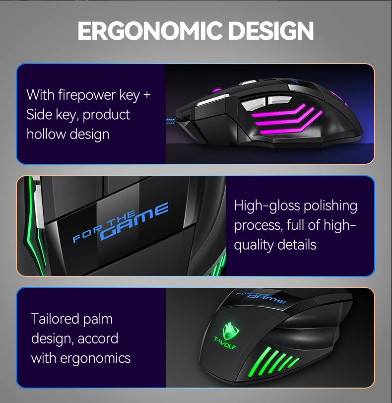 T-WOLF M1 Wired Gaming Mouse 7-Button RGB Backlit Ergonomic USB Gaming Mouse for PC Gamers with Adjustable DPI