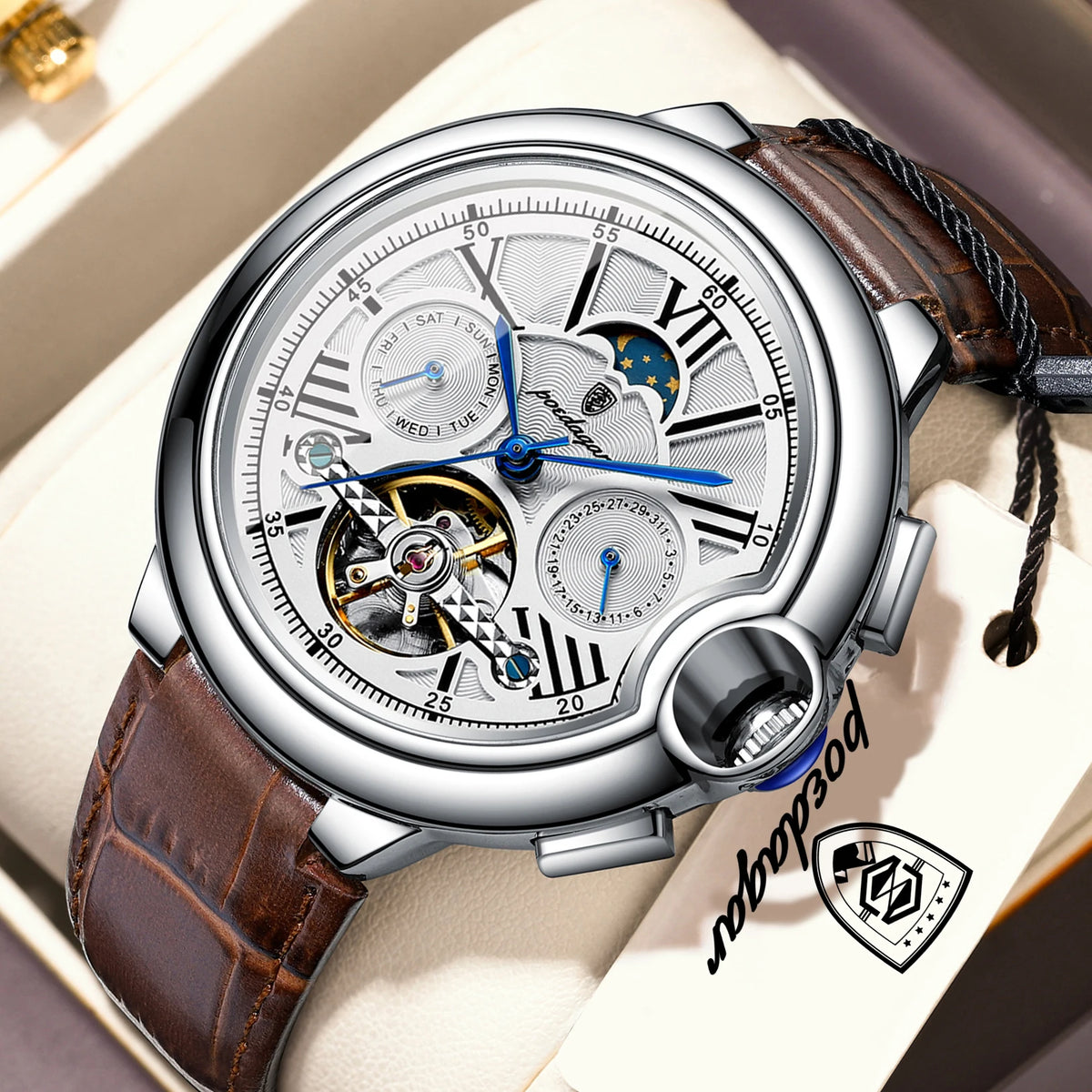 Montre de luxe pour homme POEDAGAR – Modèle automatique mécanique avec affichage de la date et du jour, bracelet en cuir, tourbillon, étanche, style élégant et professionnel.