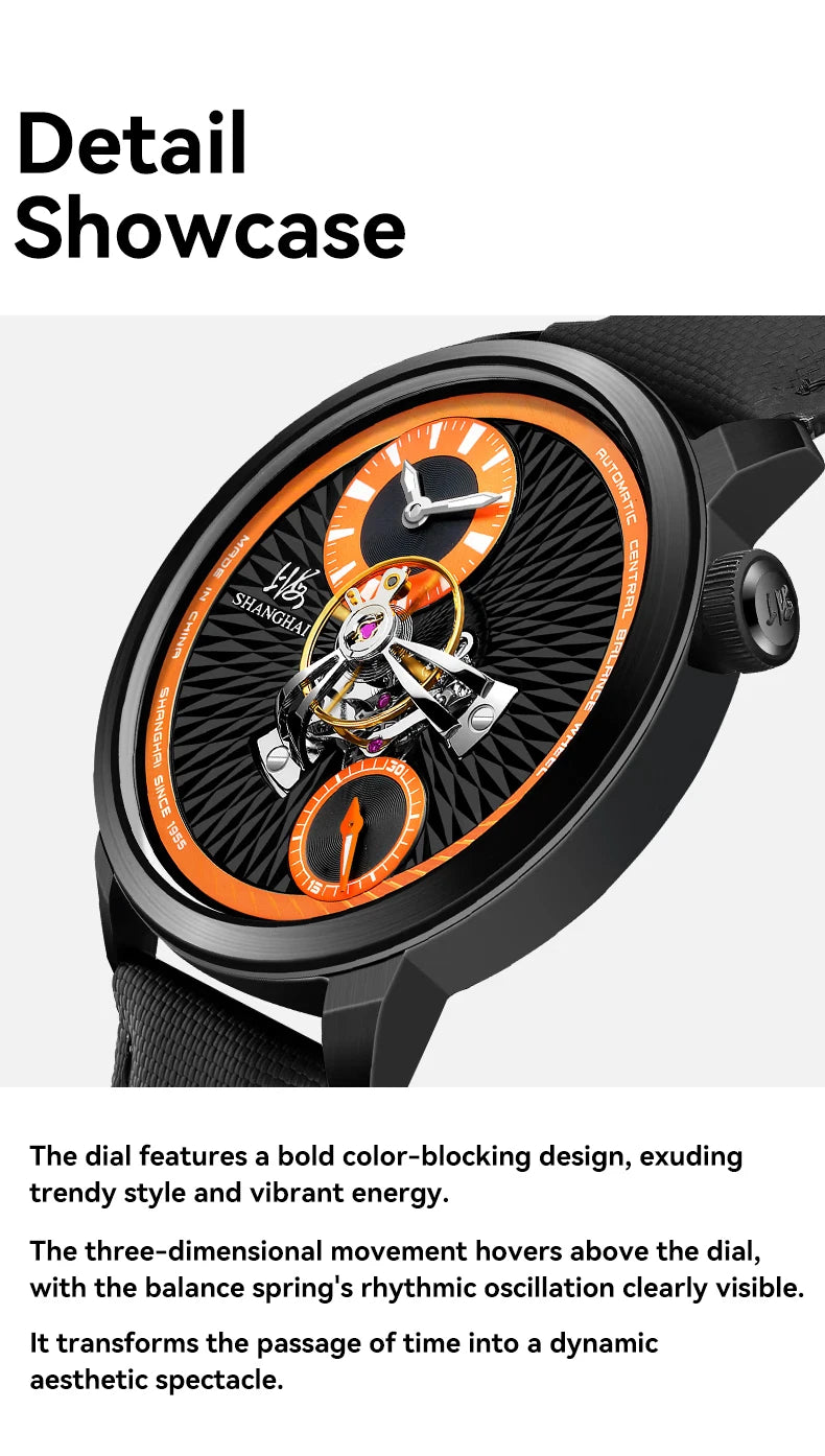 Shanghai Watch Sky Dome Men's Automatic Watches 42mm Center Flywheel Mechanical Wristwatch 5Bar Waterproof Watches Reloje S2101