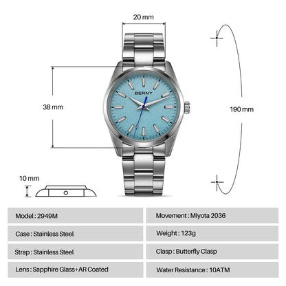 BERNY Men's Watch Luminous AR Sapphire 10ATM Classic  Dress Business Quart Watches for Men Fashion Casual Wristwatch