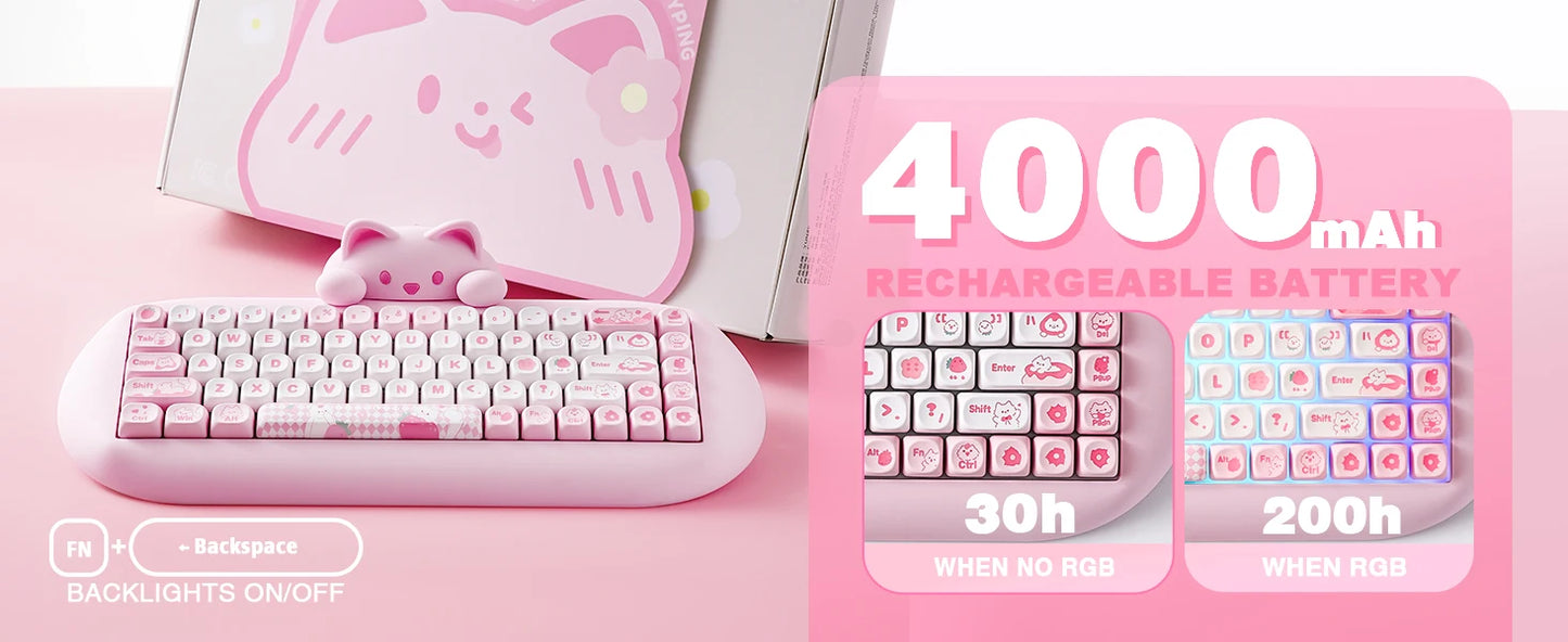 YUNZII C68 Pink 65% Hi-Fi Cute Cat Silicone Hot Swap NKRO  Ergonomic Wireless BT5.0/2.4G/Wired RGB Mechanical Gaming Keyboard