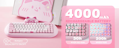 YUNZII C68 Pink 65% Hi-Fi Cute Cat Silicone Hot Swap NKRO  Ergonomic Wireless BT5.0/2.4G/Wired RGB Mechanical Gaming Keyboard