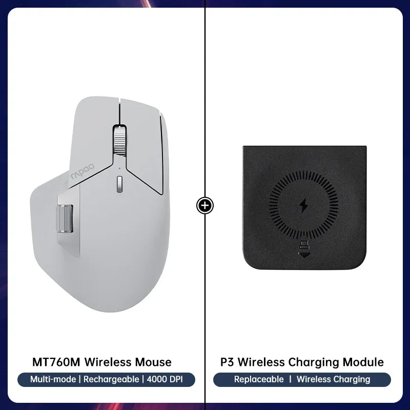 Rapoo MT760 Multi-Mode Rechargeable Wireless Mouse, Ergonomic Bluetooth Mouse with 4000 DPI, Easy-Switch for Up to 4 Devices, USB-C Rechargeable
