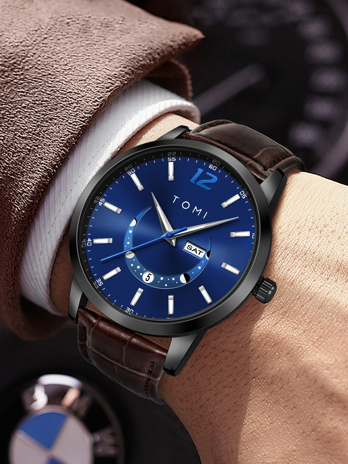 TOMI quartz watch, business-style and elegant, with a leather strap, alloy case and analogue dial – High-end design, a gift idea for men