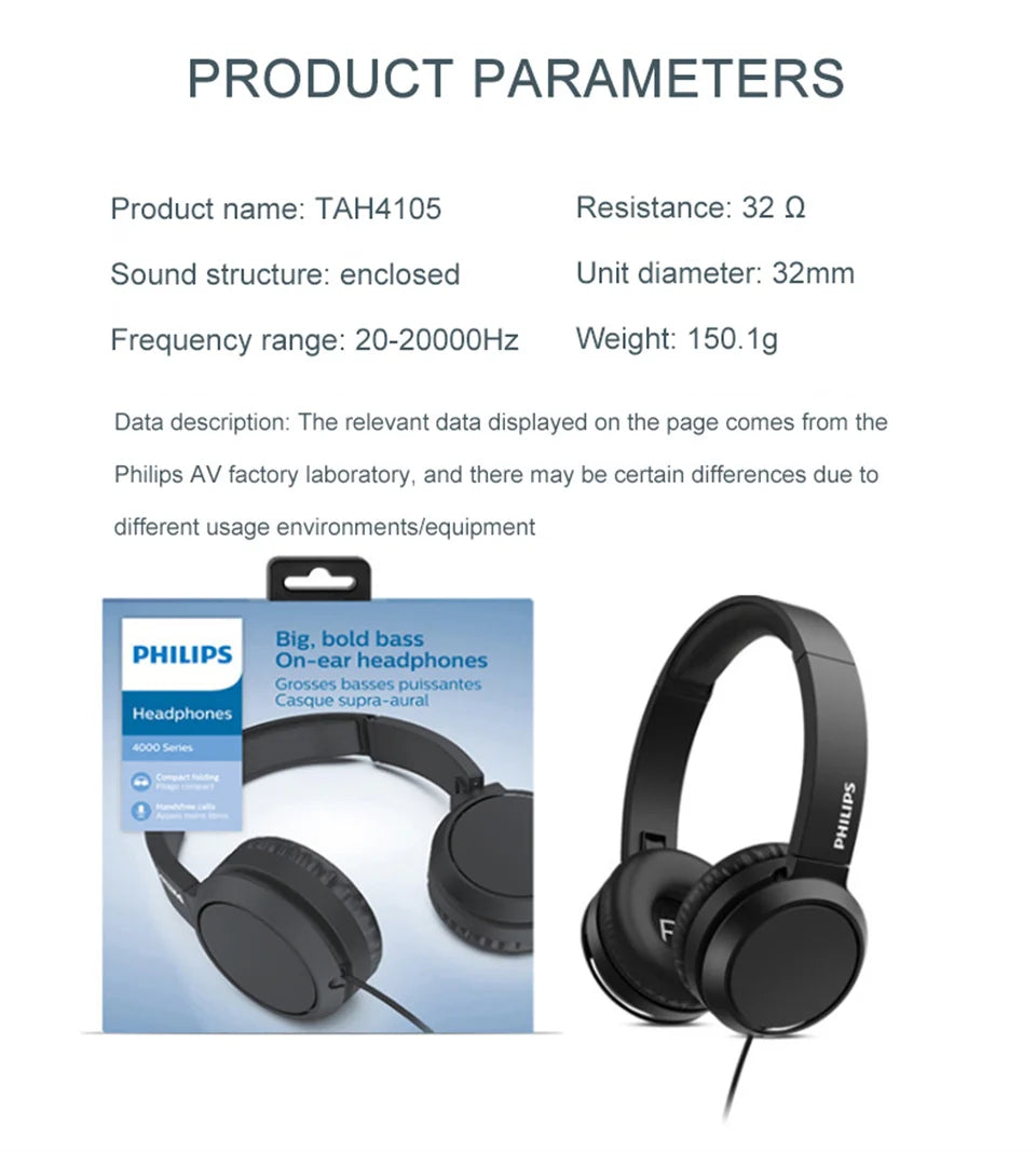 Philips TAH4105 Wired Headphones – HiFi Stereo Deep Bass HD Call Headset with Microphone for Online Learning, Office, Gaming & Sports
