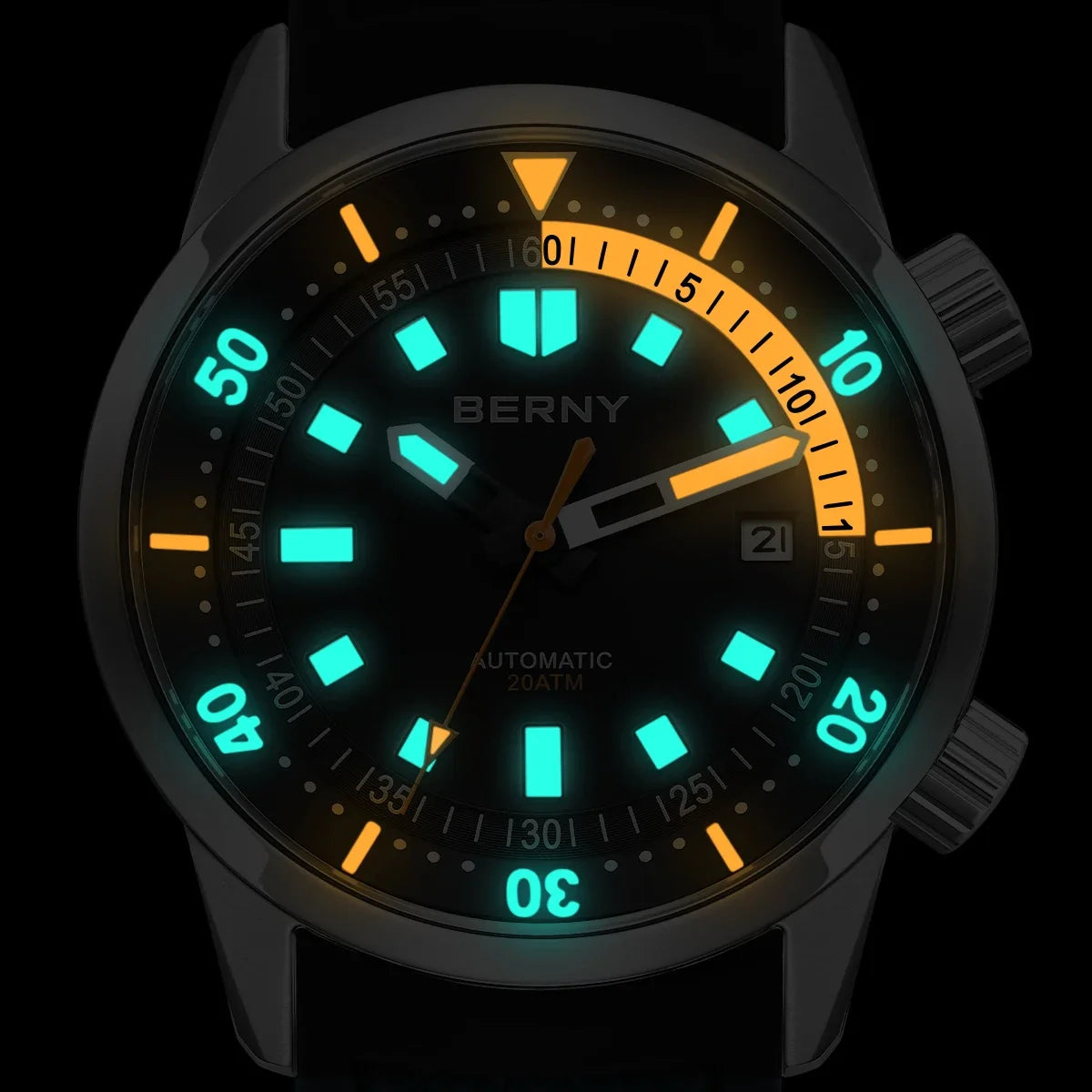 BERNY Men's Dive Watches 200M Waterproof Super Luminous Automatic Mechanical Diver Watch 42mm Sapphire Swim Diving Wristwatch