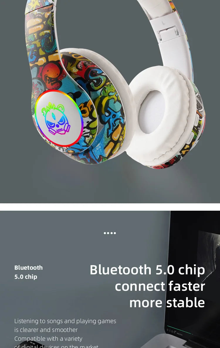 Auriculares gaming Bluetooth inalámbricos New Graffiti LX-8686 con micrófono, luz LED, compatibilidad con tarjeta TF, graves profundos y diseño circumaural para PC, gaming y niños